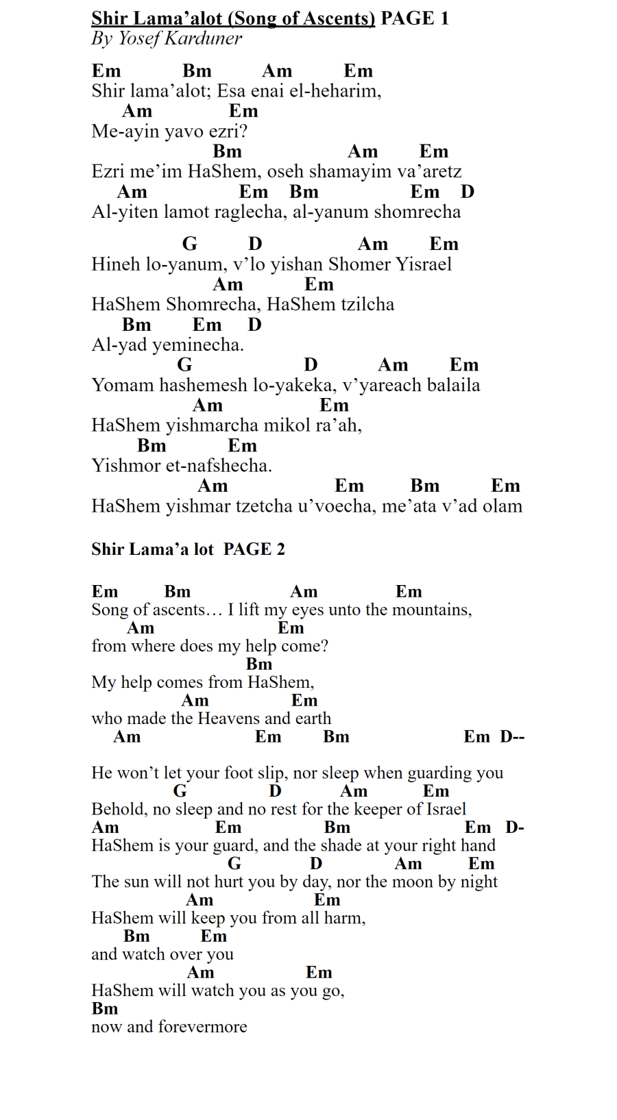 Shir Lama alot Song of Ascents chords and lyrics on Messianic Chords