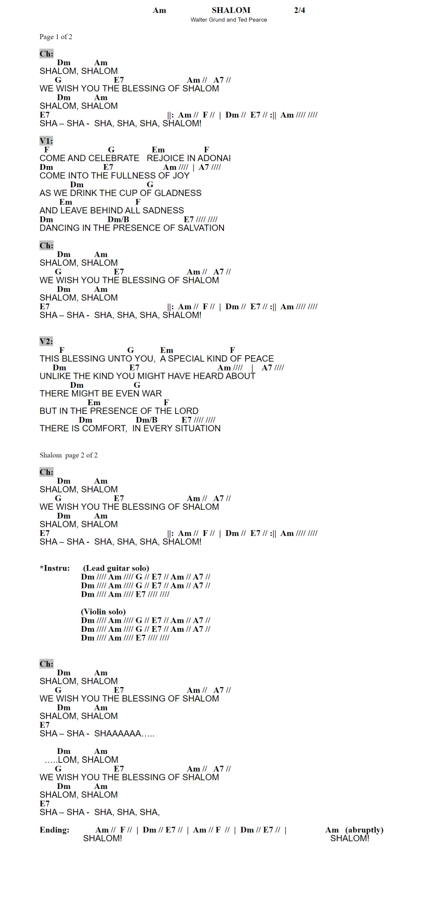 Sim Shalom chords and lyrics on Messianic Chords